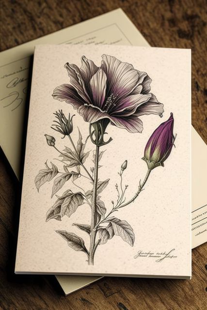 Elegant vintage botanical illustration featuring a purple hibiscus on a piece of stationery. Ideal for use in educational materials about botany, nature, and art. It can also be used for creating greeting cards, invitations, posters, or any project that needs a touch of vintage elegance and natural beauty.