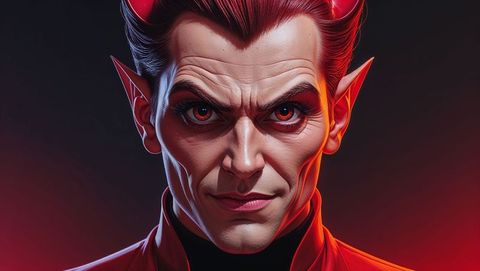 Sinister lucifer figure with horns and glowing eyes in dark background