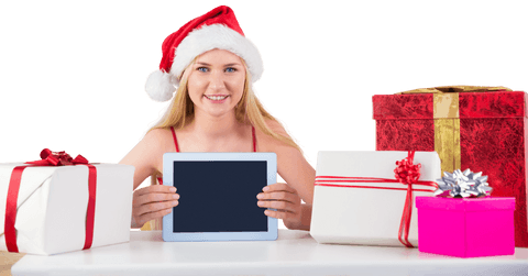 Blonde Woman in Santa Hat Shopping Online with Tablet on Transparent Background