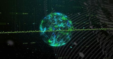 Pulsing Digital Globe Rotating Over Neon Data Waveform Holographic Network Visualization