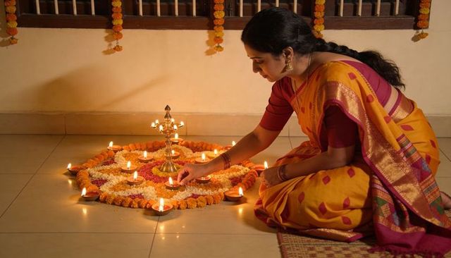 Lighting diyas and rangoli festival kneeling woman in yellow silk sari with brass lamp