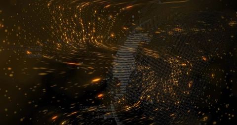 Rotating Digital Globe Streaming Golden Particles Over Futuristic Data Mesh