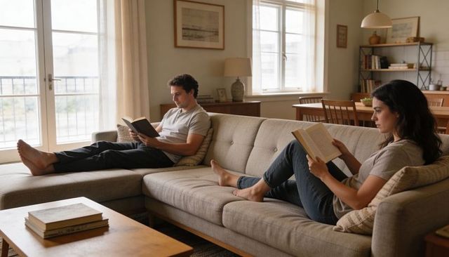Couple reading and relaxing on l-shaped sofa in cozy minimalist living room