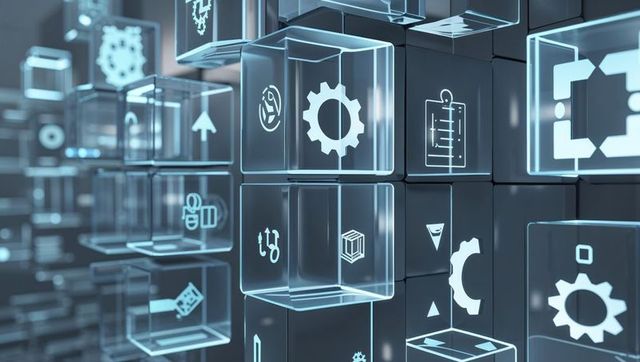 Futuristic Digital Cubes with Holographic Interface Icons