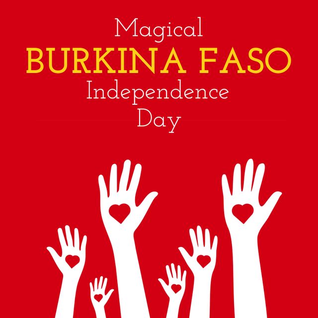 A vibrant banner celebrating Burkina Faso's Independence Day featuring multiple hands with heart cutouts against a striking red background. Perfect for promoting national pride, events, and festivities associated with this important holiday. Ideal for use in social media posts, websites, and promotional materials about Burkina Faso.