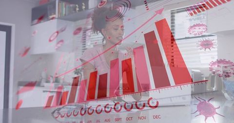 Digital businesswoman analyzing pandemic data overlay at home office