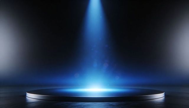 Futuristic circular podium glowing under blue spotlight on dark reflective stage