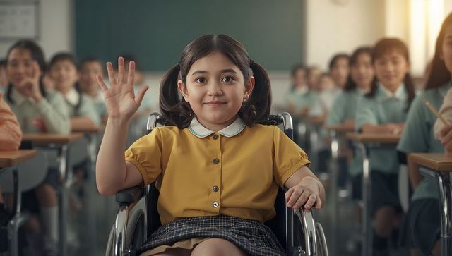 Asian student in wheelchair engaging in classroom activities