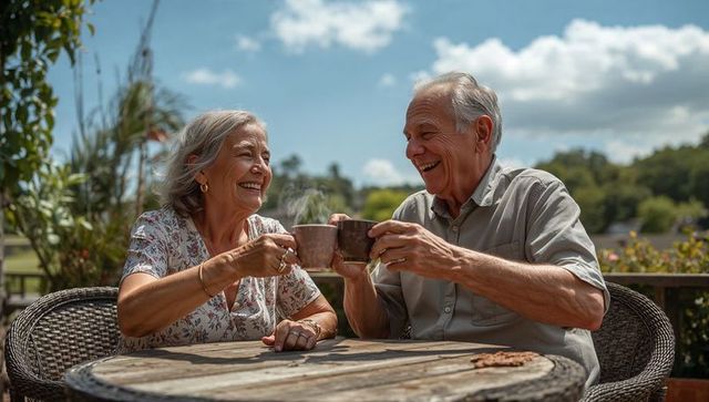 Happy senior couple clinking ceramic mugs laughing on sunny garden patio with wicker chairs