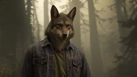 Wolf-Human Hybrid Roaming Mysterious Forest in Dawn Light