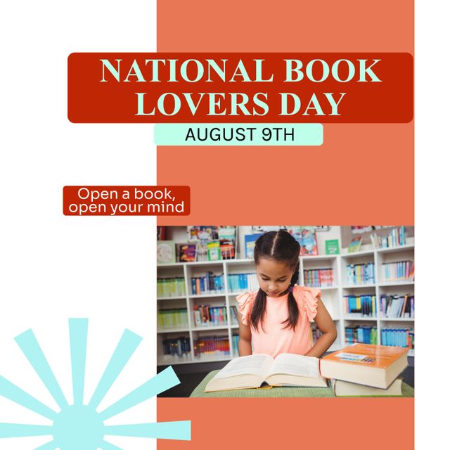 Biracial girl reading a book in a library setting, perfect for celebrating National Book Lovers Day on August 9th. Ideal for use in campaigns promoting reading, education, and literacy among children. Can be used in educational materials, social media posts, and event announcements to encourage young readers.