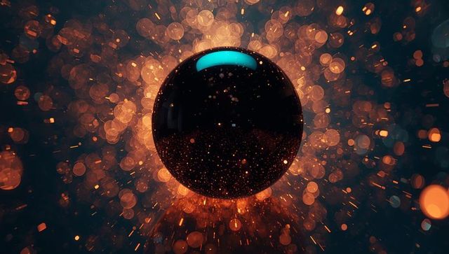 Reflective Sphere Amidst Dynamic Orange Bokeh Sparks