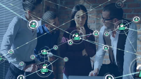 Diverse Colleagues Collaborating with Digital Network Graphics Overlay