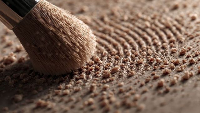 Kabuki brush sweeping loose powder into textured trails macro beauty closeup
