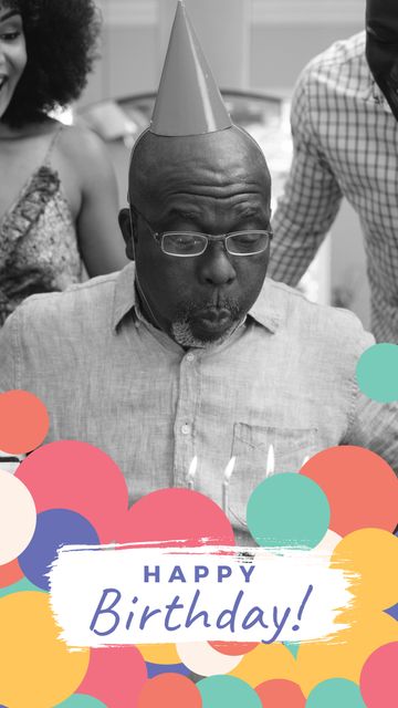 Composition of happy birthday text with african american man blowing candles. Snapchat filter maker concept digitally generated image.