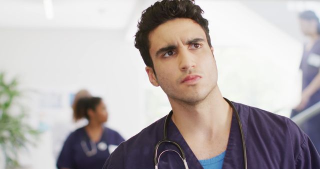 Image of serious biracial male doctor walking in busy hospital corridor, with copy space - Download Free Stock Photos Pikwizard.com