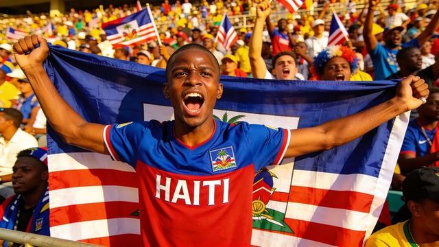 Ecstatic haitian football fan celebrating with large haiti flag in sunlit stadium crowd