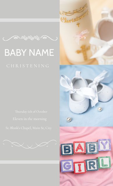 Christening Invitation with Baby Shoes and Blocks for Baby Girl - Download Free Stock Templates Pikwizard.com