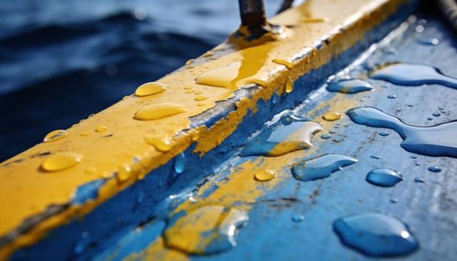 Chipped yellow and blue boat paint close-up with water droplets, rust fastener, patina