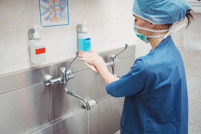 Ideal for use in healthcare, medical, and hygiene-related contexts. Can illustrate the importance of proper hand hygiene in hospitals and preparation steps for surgery. Suitable for educational materials, articles on medical procedures, and healthcare campaigns.