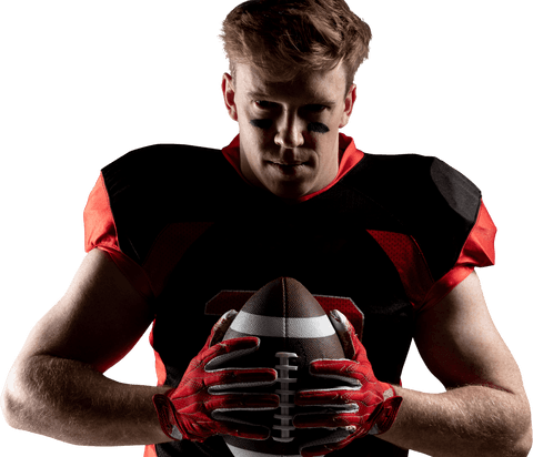 Young american football player holding transparent rugby ball