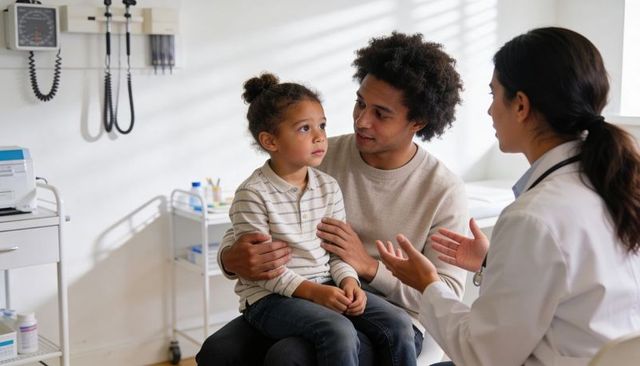 Pediatric consultation showing father comforting child while doctor explaining care