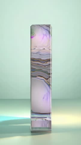 Rotating translucent marbled letter A on mint green platform vertical 3D typography loop