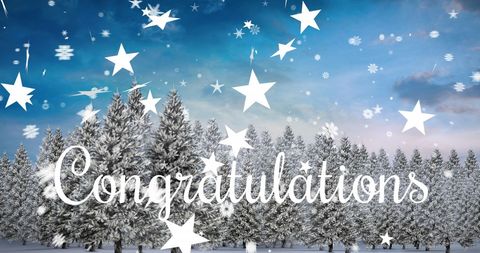 Congratulations Text Amid Winter Forest Scene with Falling Stars