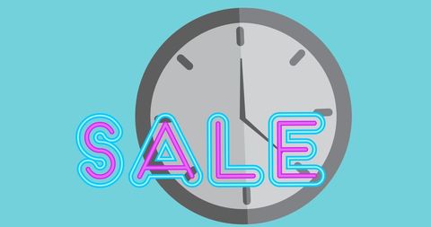Whimsical Clock with Neon Sale Sign Against Blue Background - Download Free Stock Images Pikwizard.com