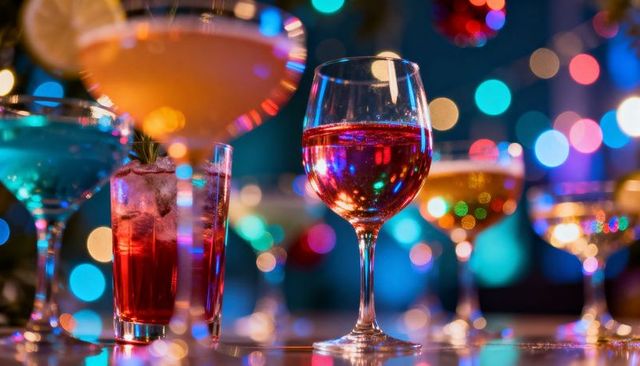 Festive cocktails and wine glass reflecting neon bokeh lights in vibrant nightlife bar scene