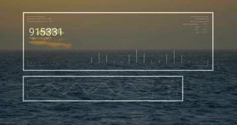 HUD Overlay Displaying Futuristic Readout Over Dusk Ocean Horizon With Waveform Interface