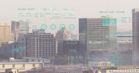 Digital financial data overlay against city skyline for economic analysis