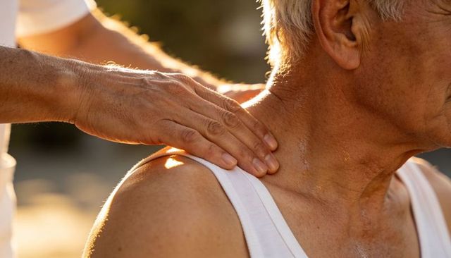 Caregiver resting hand on senior man shoulder in warm golden hour backlight