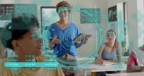 Teacher Presenting Interactive Holographic HUD and Tablet in Augmented Reality Classroom