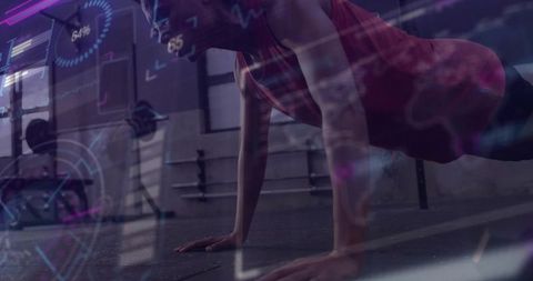 Holding high plank with futuristic hud overlays in industrial gym workout training session