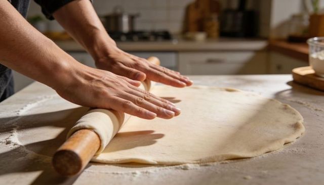 Hands rolling dough with wooden rolling pin on floured kitchen counter
