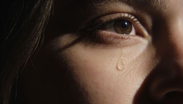 Adult woman shedding single tear closeup, dramatic chiaroscuro lighting, intimate emotion