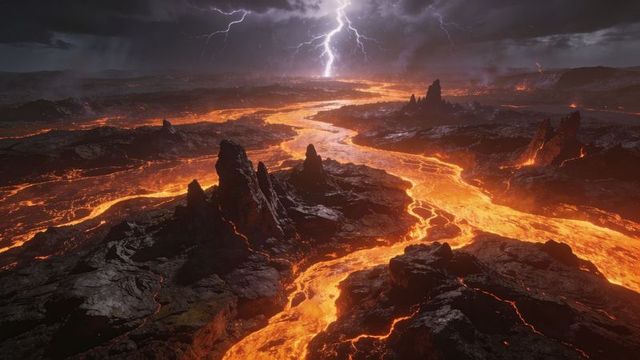 Flowing molten lava river winding across volcanic plateau under lightning storm and jagged spires