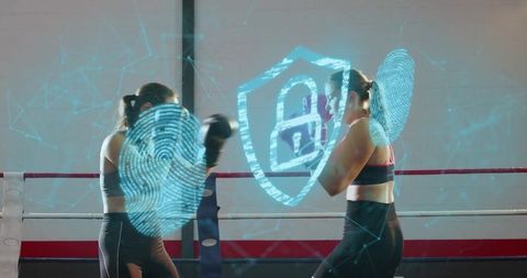 Women sparring in boxing ring with holographic biometric overlay for fitness security