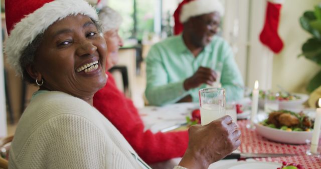 Senior Family Celebrating Christmas with Festive Meal and Santa Hats - Download Free Stock Images Pikwizard.com