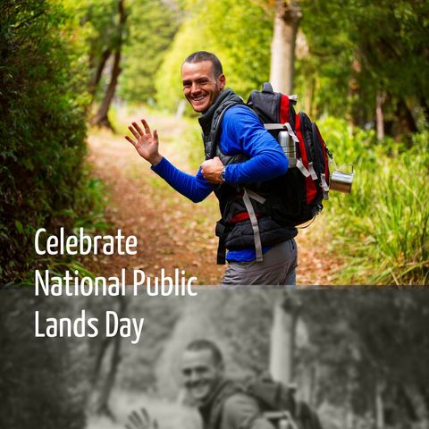 Joyful hiker celebrating national public lands day in forest
