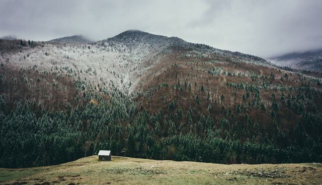 Image of a solitary cabin in a lush, forested valley surrounded by mountains under a cloudy sky. Ideal for use in articles about nature retreats, outdoor adventures, or aspects of solitude. Suitable for travel blogs, nature-related promotional materials, or inspirational posters.
