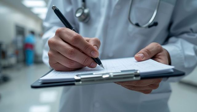 Medical professional documenting patient notes in hospital corridor