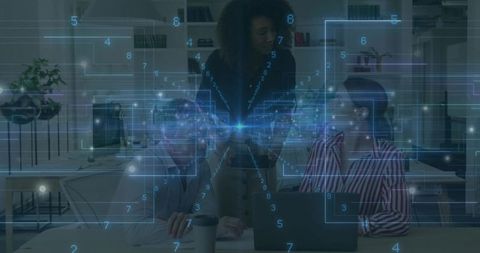 Woman Leading Team and Guiding Tech Collaboration with Futuristic Holographic Data Overlay