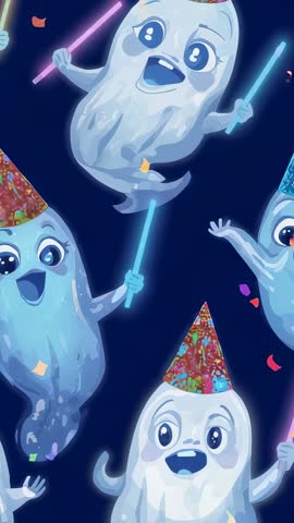 Looping Party Ghosts Dancing with Neon Sticks and Confetti Vertical Cartoon Animation
