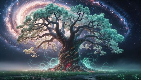 Ancient bioluminescent dreaming tree with spiral galaxy in background