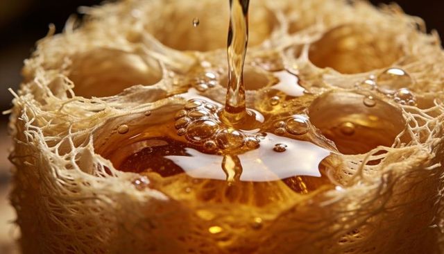 Pouring amber liquid into loofah cavities, macro closeup of glossy bubbles and texture