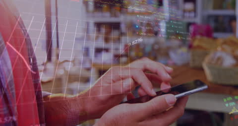 Person Using Smartphone with Digital Stock Market Data Overlay