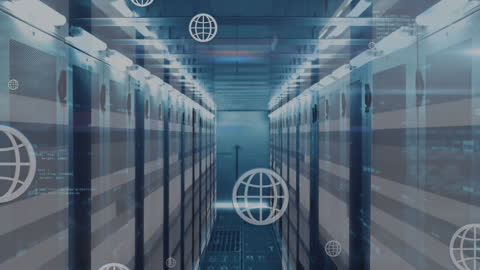 Digital Globe Icons Overlay in Modern Server Room Environment