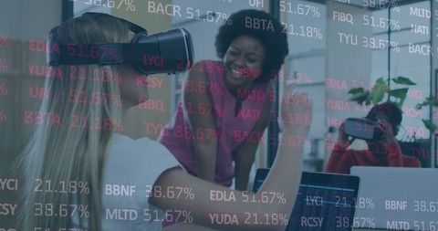 Women in Office Immersed in Virtual Reality with Stock Market Data - Download Free Stock Images Pikwizard.com